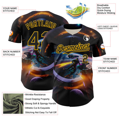 Custom Black Gold 3D Pattern Design Outer Space Light Swords Starships Authentic Baseball Jersey - Sky-Custom
