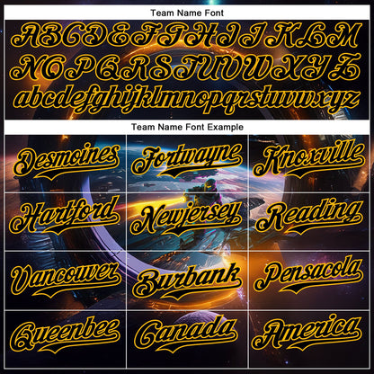 Custom Black Gold 3D Pattern Design Outer Space Light Swords Starships Authentic Baseball Jersey - Sky-Custom