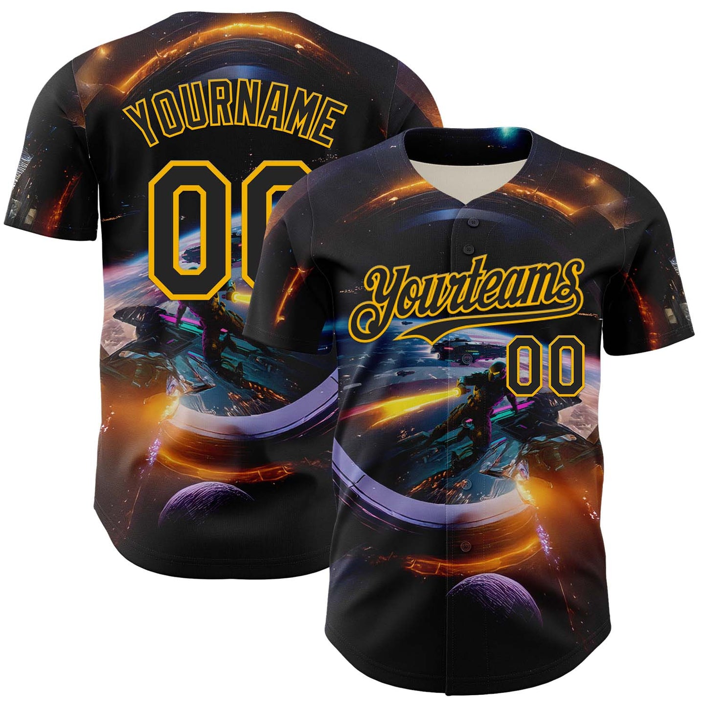 Custom Black Gold 3D Pattern Design Outer Space Light Swords Starships Authentic Baseball Jersey - Sky-Custom