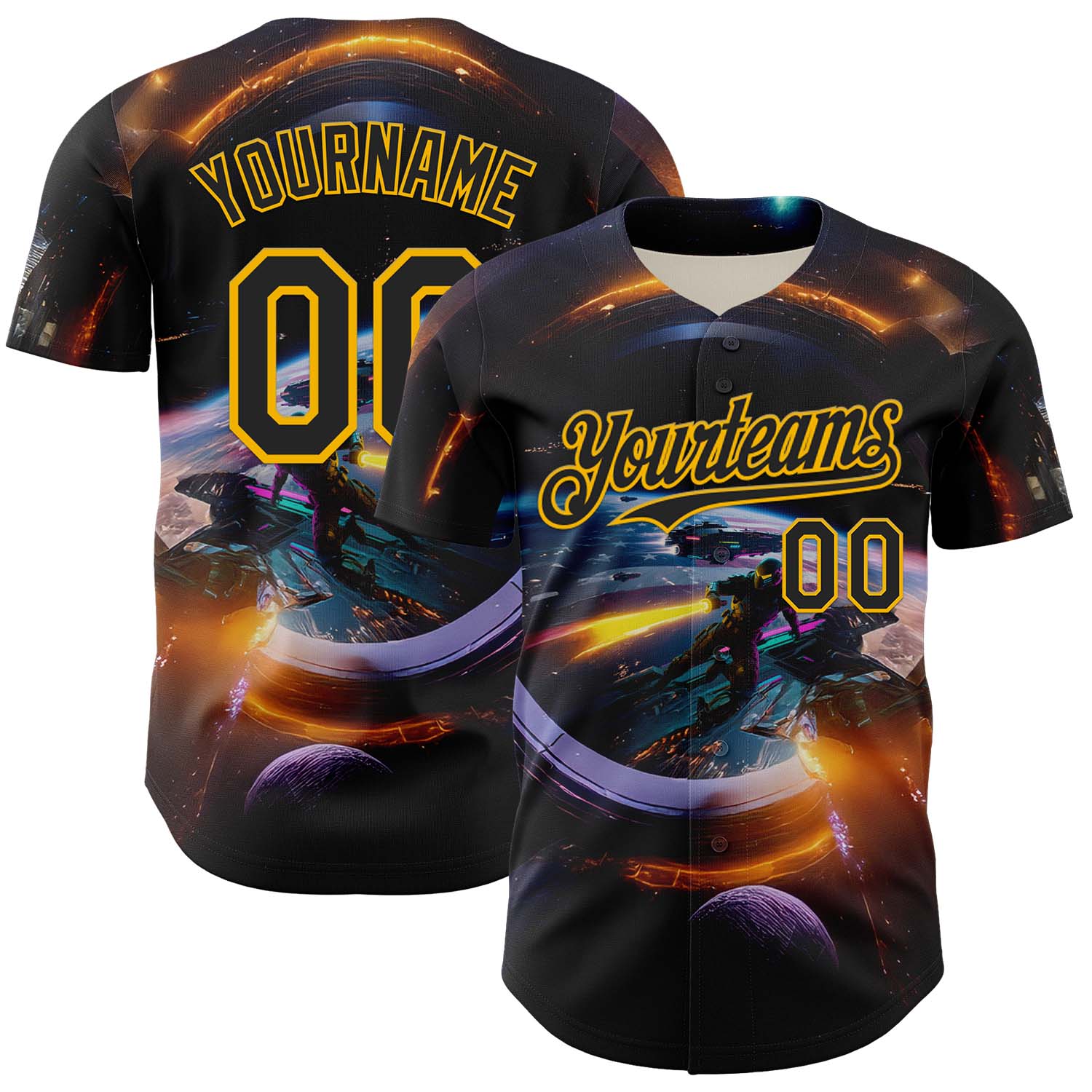 Custom Black Gold 3D Pattern Design Outer Space Light Swords Starships Authentic Baseball Jersey - Sky-Custom