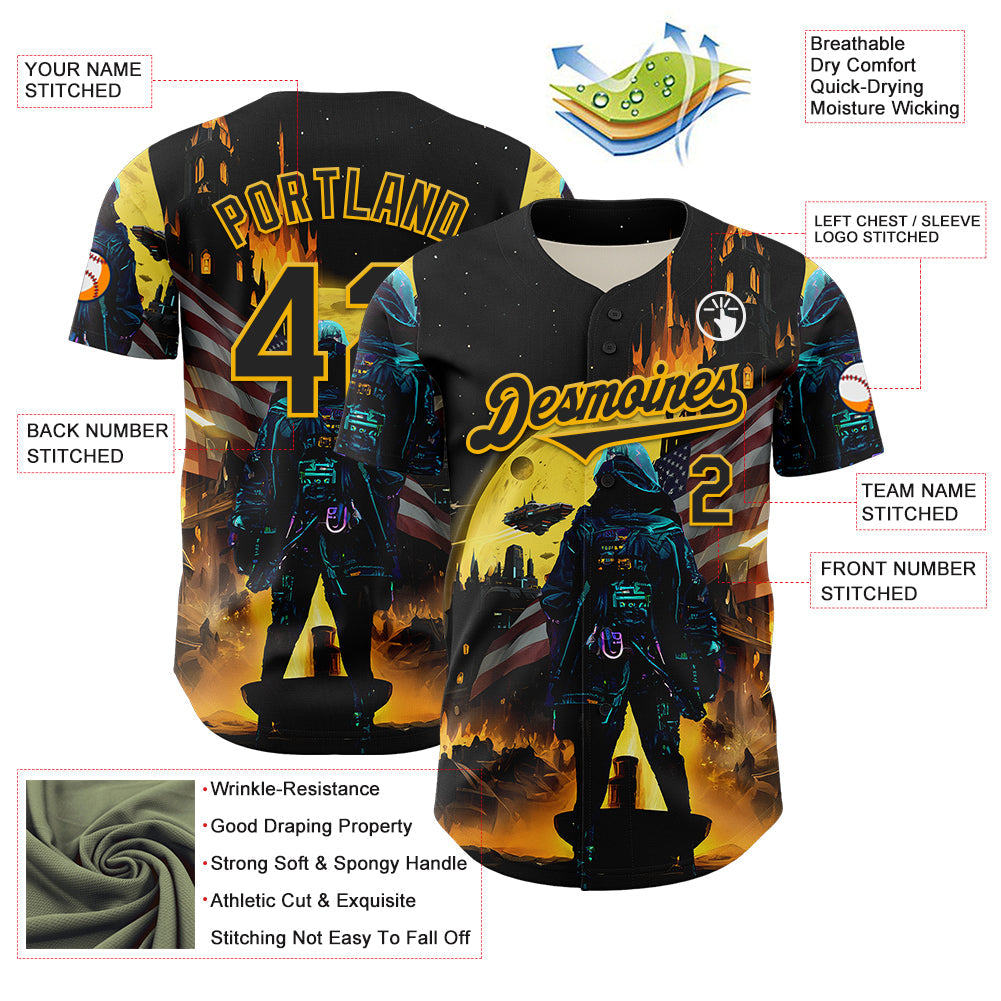 Custom Black Gold 3D Pattern Design Outer Space Starships American Flag Authentic Baseball Jersey - Sky-Custom