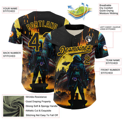 Custom Black Gold 3D Pattern Design Outer Space Starships American Flag Authentic Baseball Jersey - Sky-Custom
