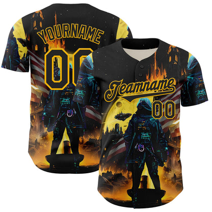 Custom Black Gold 3D Pattern Design Outer Space Starships American Flag Authentic Baseball Jersey - Sky-Custom