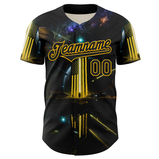 Custom Black Gold 3D Pattern Design Outer Space Light Swords American Flag Authentic Baseball Jersey - Sky-Custom