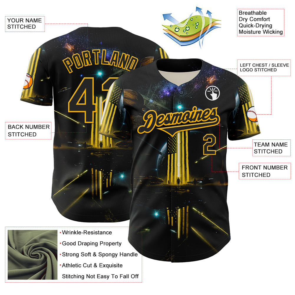 Custom Black Gold 3D Pattern Design Outer Space Light Swords American Flag Authentic Baseball Jersey - Sky-Custom