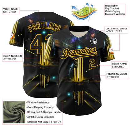 Custom Black Gold 3D Pattern Design Outer Space Light Swords American Flag Authentic Baseball Jersey - Sky-Custom
