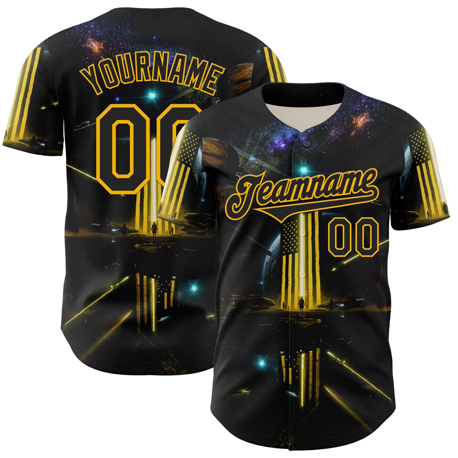 Custom Black Gold 3D Pattern Design Outer Space Light Swords American Flag Authentic Baseball Jersey - Sky-Custom