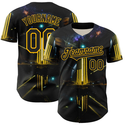 Custom Black Gold 3D Pattern Design Outer Space Light Swords American Flag Authentic Baseball Jersey - Sky-Custom