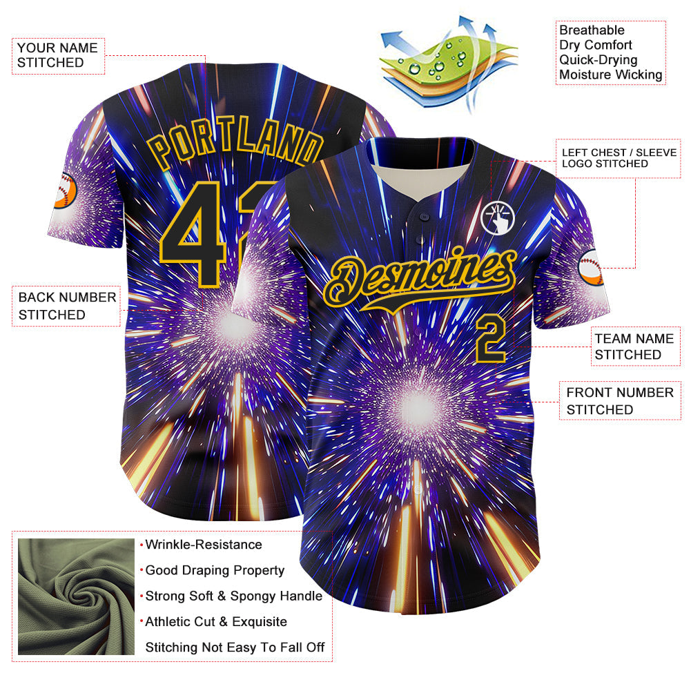 Custom Blue Black-Yellow 3D Pattern Design Outer Space Time Travel Authentic Baseball Jersey - Sky-Custom
