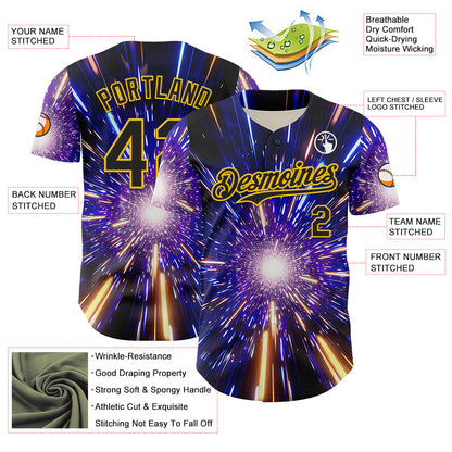 Custom Blue Black-Yellow 3D Pattern Design Outer Space Time Travel Authentic Baseball Jersey - Sky-Custom