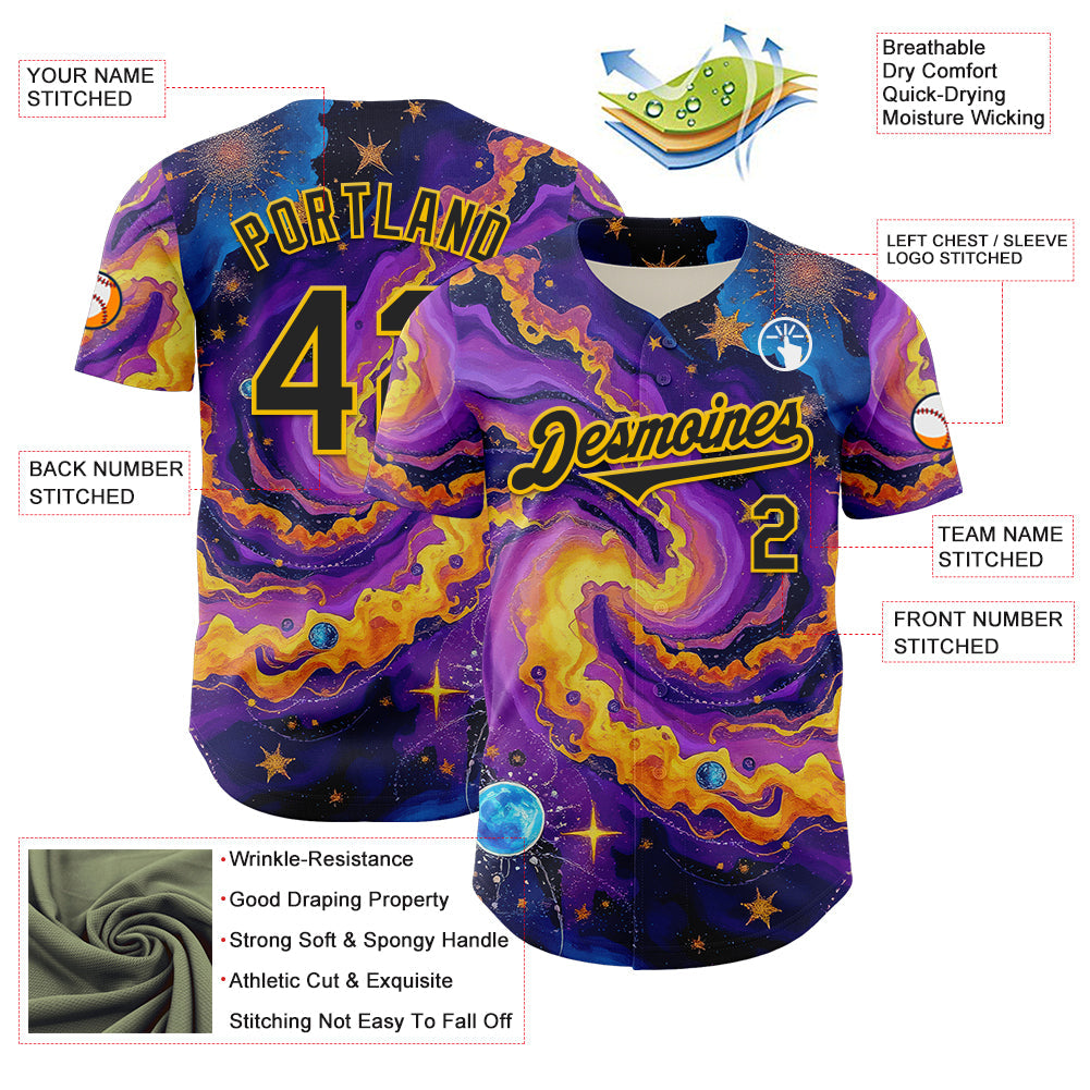 Custom Purple Black-Yellow 3D Pattern Design Outer Space Galaxy Authentic Baseball Jersey - Sky-Custom