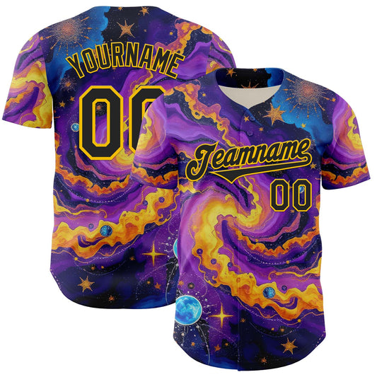 Custom Purple Black-Yellow 3D Pattern Design Outer Space Galaxy Authentic Baseball Jersey - Sky-Custom