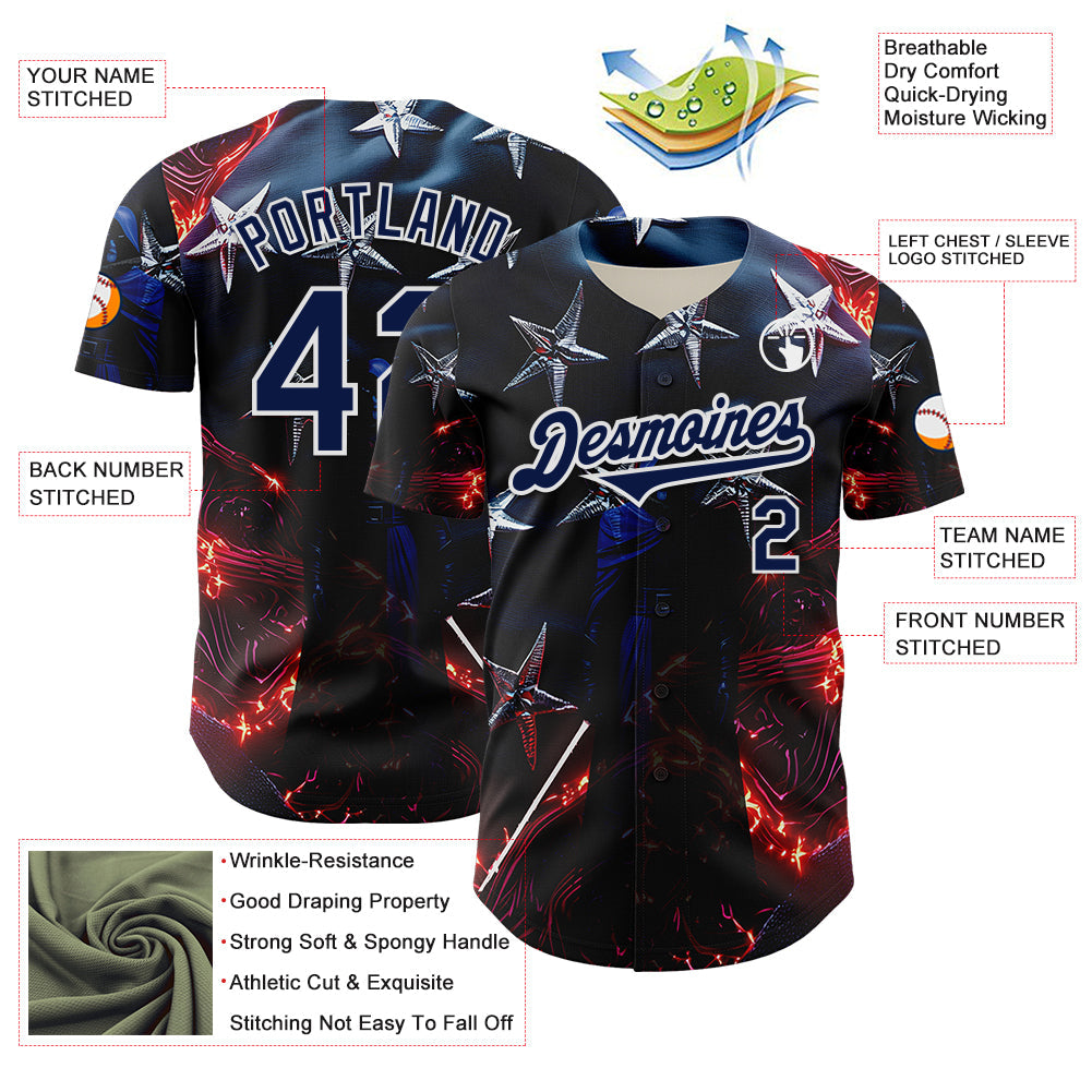 Custom Blue Navy-White 3D Pattern Design Outer Space Light Swords American Flag Authentic Baseball Jersey - Sky-Custom