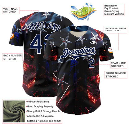 Custom Blue Navy-White 3D Pattern Design Outer Space Light Swords American Flag Authentic Baseball Jersey - Sky-Custom