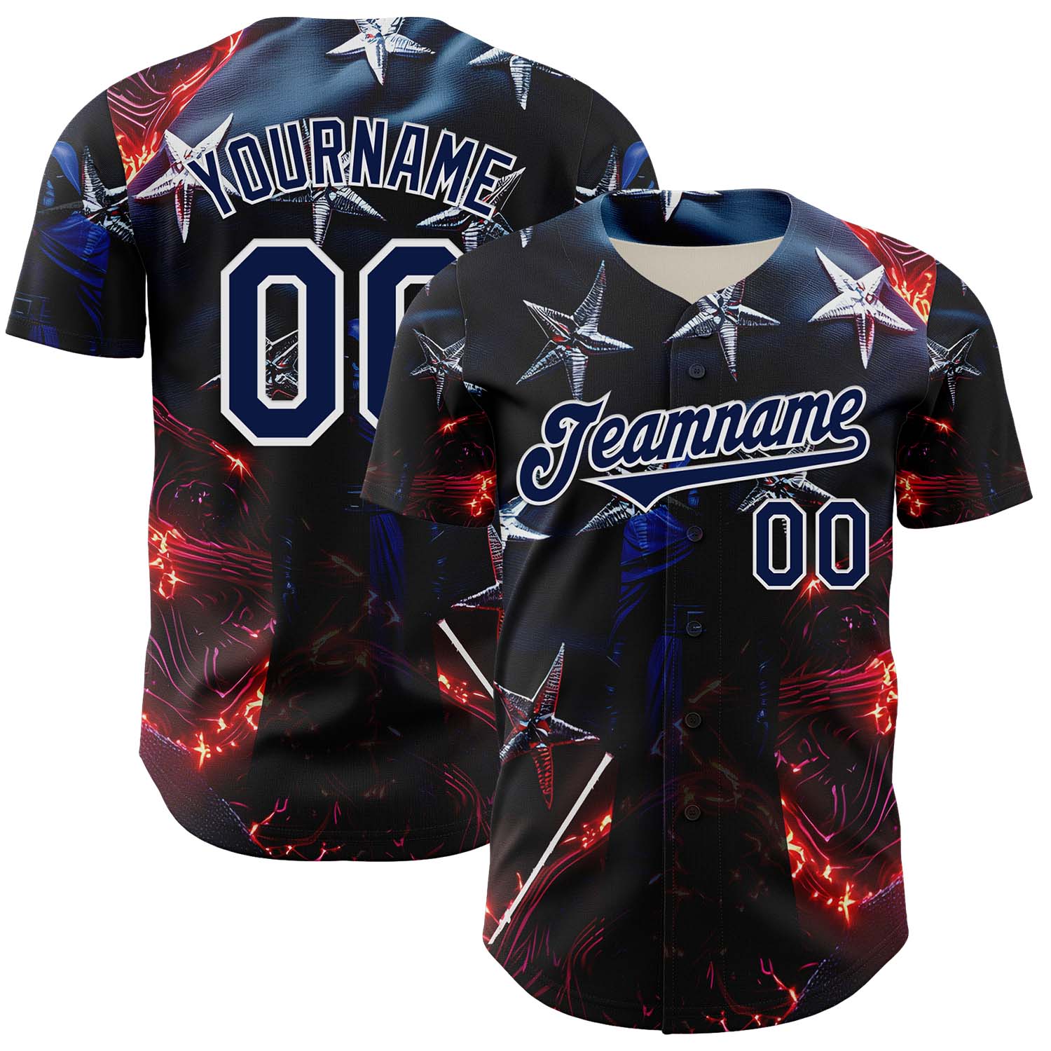 Custom Blue Navy-White 3D Pattern Design Outer Space Light Swords American Flag Authentic Baseball Jersey - Sky-Custom