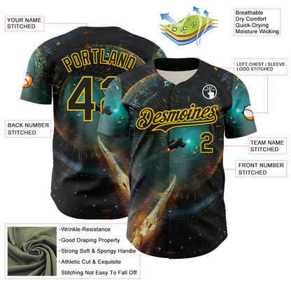 Custom Blue Black-Yellow 3D Pattern Design Outer Space Starships Authentic Baseball Jersey - Sky-Custom