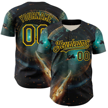 Custom Blue Black-Yellow 3D Pattern Design Outer Space Starships Authentic Baseball Jersey - Sky-Custom