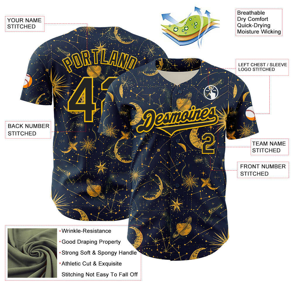 Custom Blue Black-Yellow 3D Pattern Design Outer Space Galaxy Solar Authentic Baseball Jersey - Sky-Custom