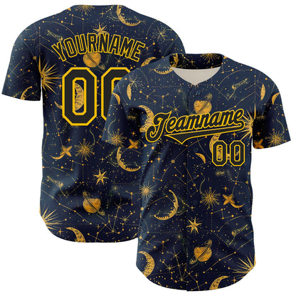 Custom Blue Black-Yellow 3D Pattern Design Outer Space Galaxy Solar Authentic Baseball Jersey - Sky-Custom