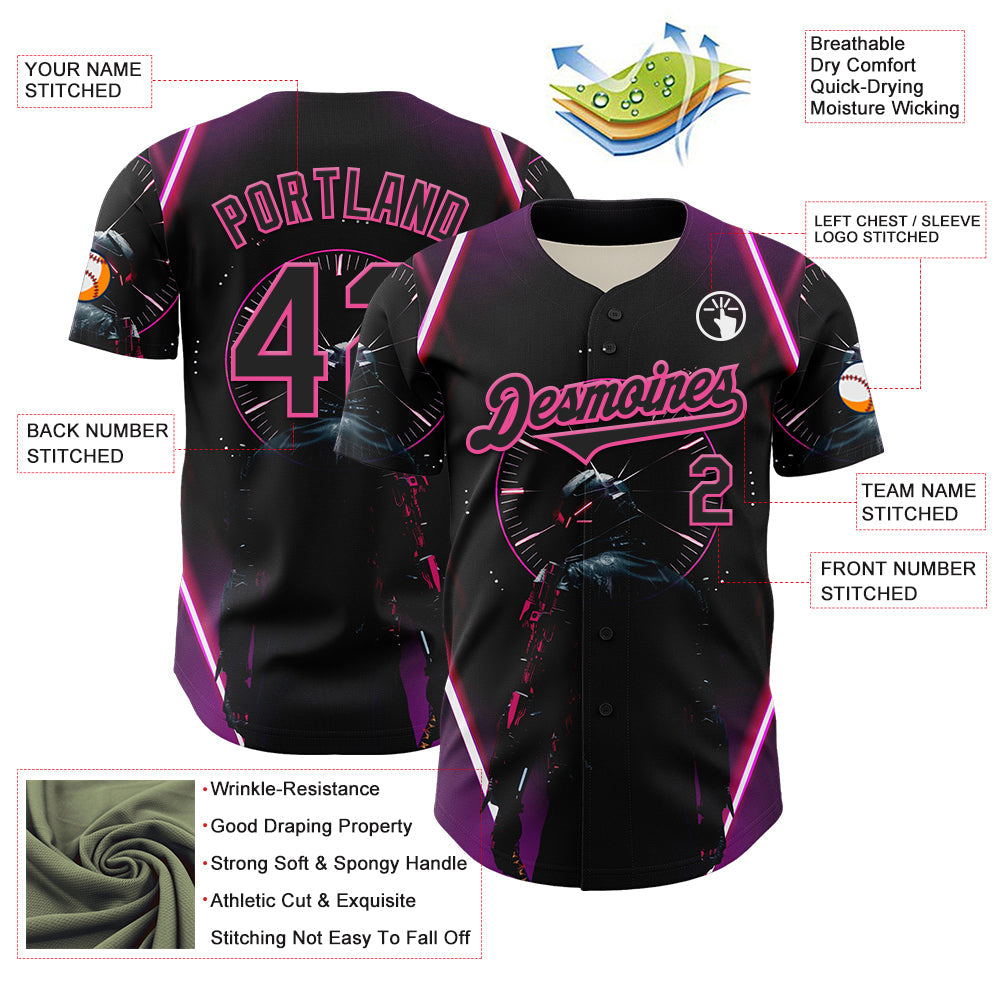 Custom Blue Black-Pink 3D Pattern Design Outer Space Light Swords Authentic Baseball Jersey - Sky-Custom