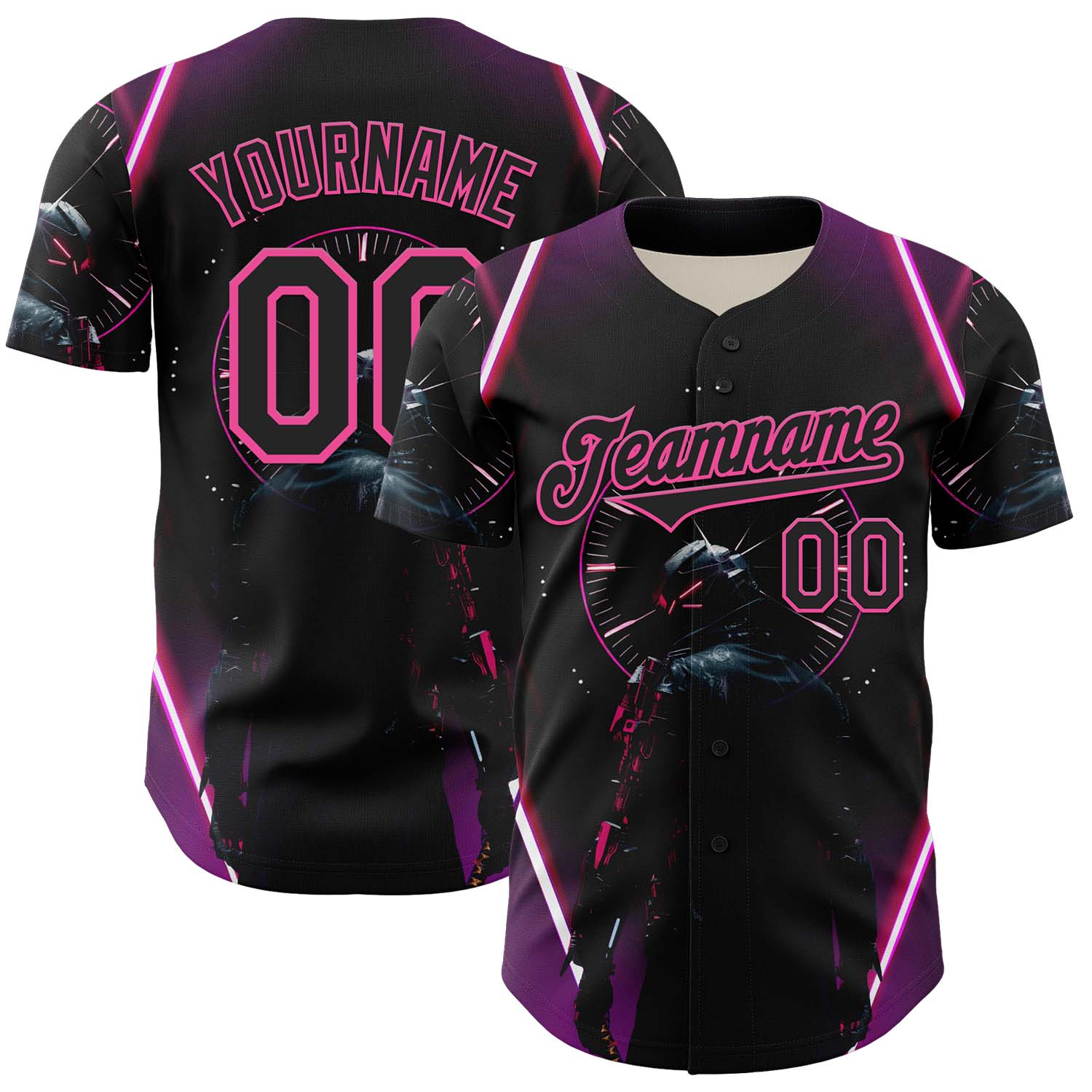 Custom Blue Black-Pink 3D Pattern Design Outer Space Light Swords Authentic Baseball Jersey - Sky-Custom