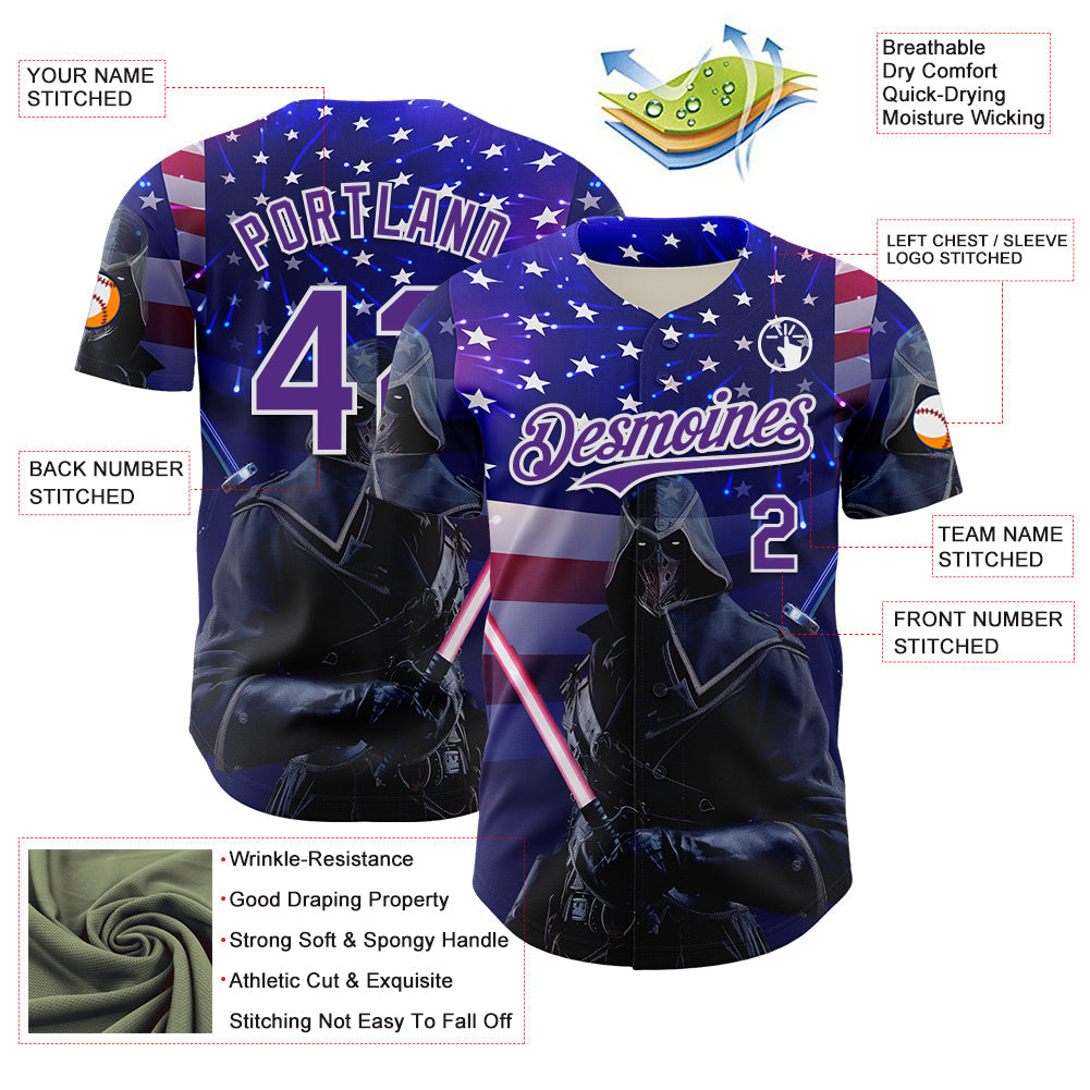 Custom Blue Purple-White 3D Pattern Design Outer Space Light Swords American Flag Authentic Baseball Jersey - Sky-Custom