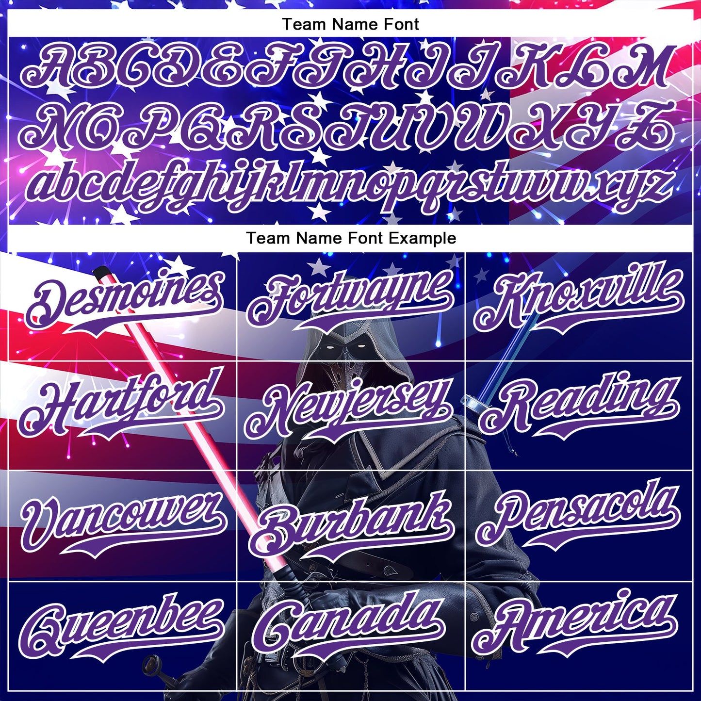 Custom Blue Purple-White 3D Pattern Design Outer Space Light Swords American Flag Authentic Baseball Jersey - Sky-Custom