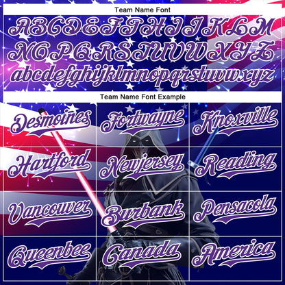 Custom Blue Purple-White 3D Pattern Design Outer Space Light Swords American Flag Authentic Baseball Jersey - Sky-Custom
