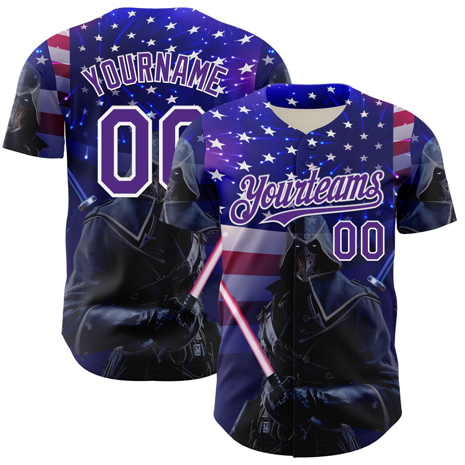 Custom Blue Purple-White 3D Pattern Design Outer Space Light Swords American Flag Authentic Baseball Jersey - Sky-Custom