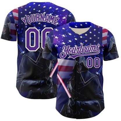Custom Blue Purple-White 3D Pattern Design Outer Space Light Swords American Flag Authentic Baseball Jersey - Sky-Custom