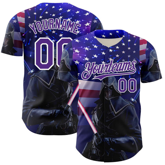 Custom Blue Purple-White 3D Pattern Design Outer Space Light Swords American Flag Authentic Baseball Jersey - Sky-Custom