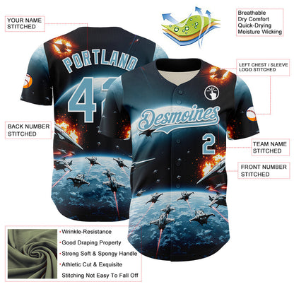 Custom Blue Shadow Blue-White 3D Pattern Design Outer Space Starships Authentic Baseball Jersey - Sky-Custom