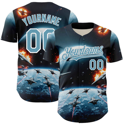 Custom Blue Shadow Blue-White 3D Pattern Design Outer Space Starships Authentic Baseball Jersey - Sky-Custom