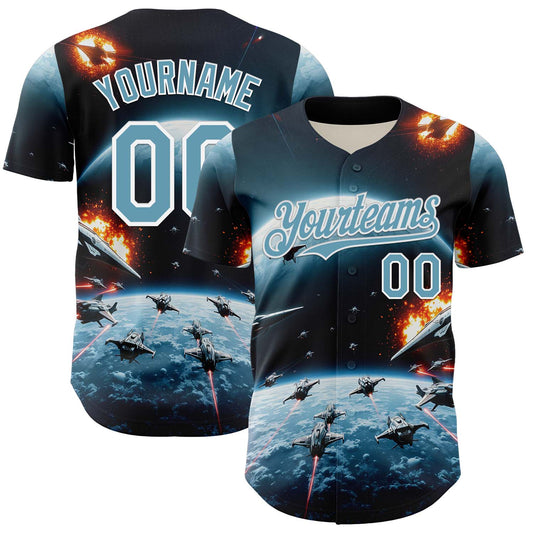 Custom Blue Shadow Blue-White 3D Pattern Design Outer Space Starships Authentic Baseball Jersey - Sky-Custom