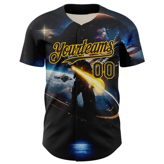Custom Black Gold 3D Pattern Design Outer Space Light Swords American Flag Authentic Baseball Jersey - Sky-Custom