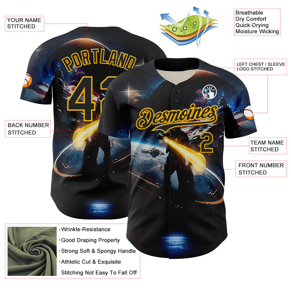 Custom Black Gold 3D Pattern Design Outer Space Light Swords American Flag Authentic Baseball Jersey - Sky-Custom