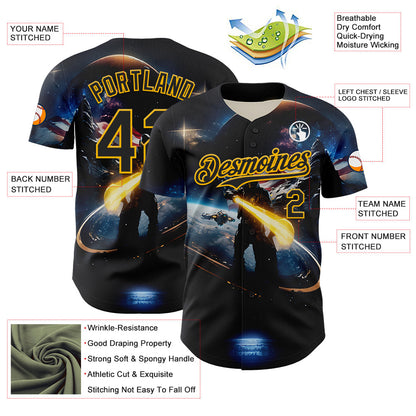 Custom Black Gold 3D Pattern Design Outer Space Light Swords American Flag Authentic Baseball Jersey - Sky-Custom