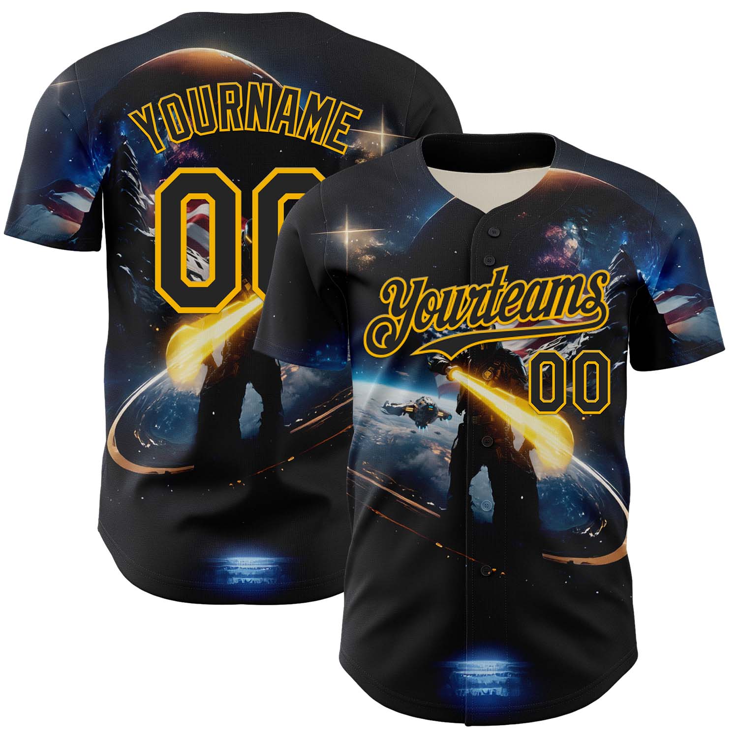 Custom Black Gold 3D Pattern Design Outer Space Light Swords American Flag Authentic Baseball Jersey - Sky-Custom