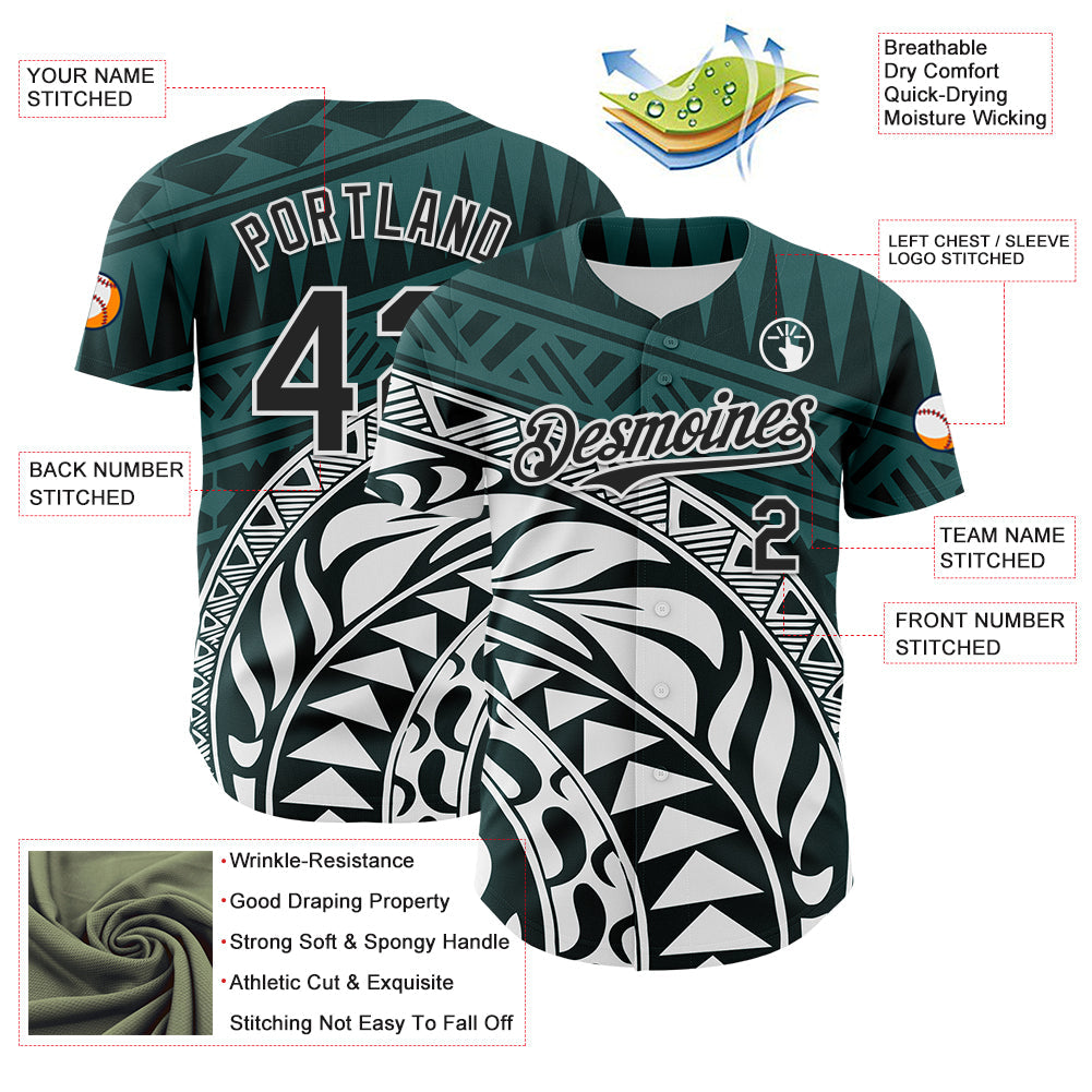 Custom Teal Black-White 3D Polynesian Style Islander Authentic Baseball Jersey - Sky-Custom