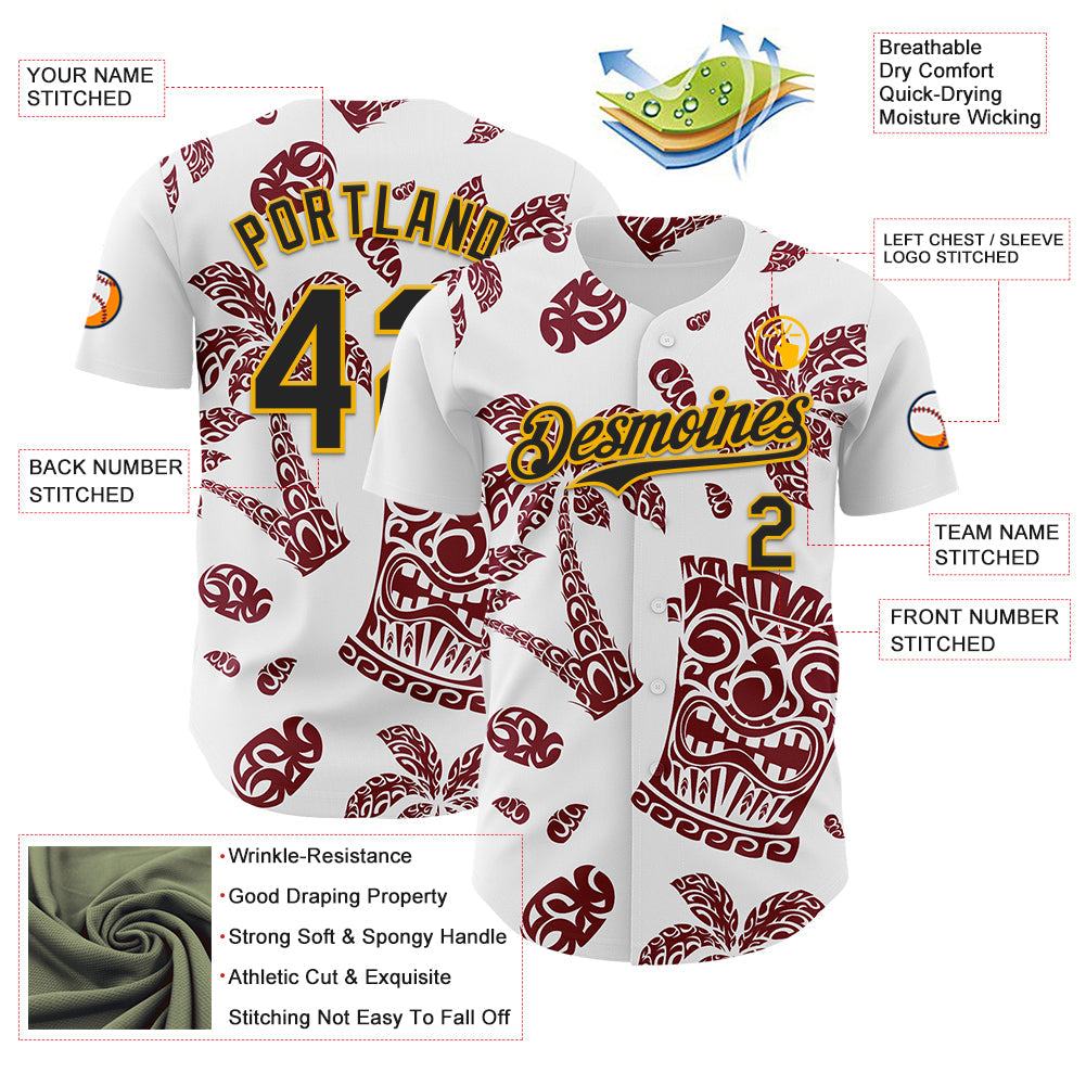 Custom White Black Crimson-Gold 3D Polynesian Style Tiki Culture Islander Authentic Baseball Jersey - Sky-Custom