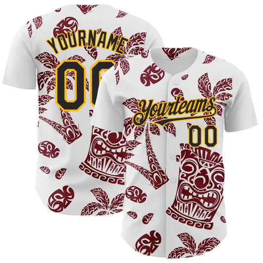 Custom White Black Crimson-Gold 3D Polynesian Style Tiki Culture Islander Authentic Baseball Jersey - Sky-Custom