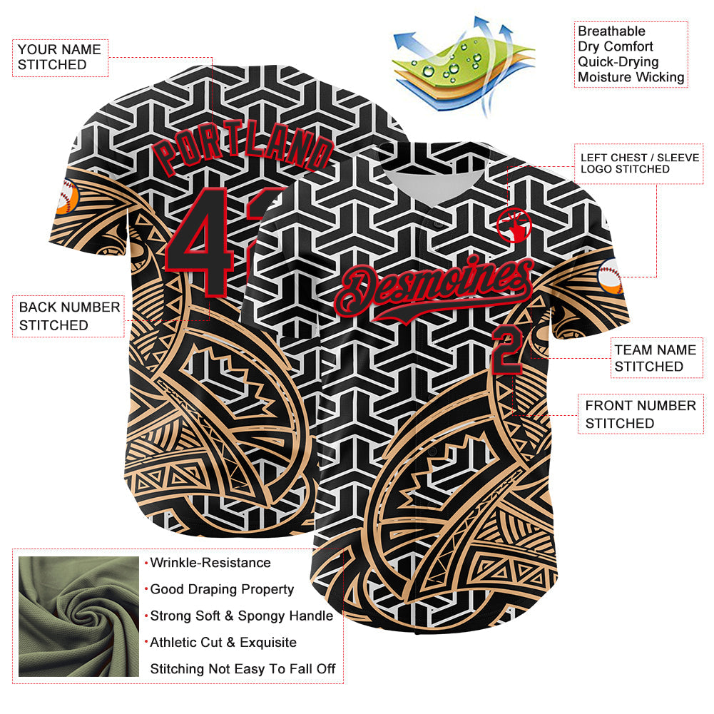 Custom White Black Old Gold-Fire Red 3D Polynesian Style Islander Authentic Baseball Jersey - Sky-Custom