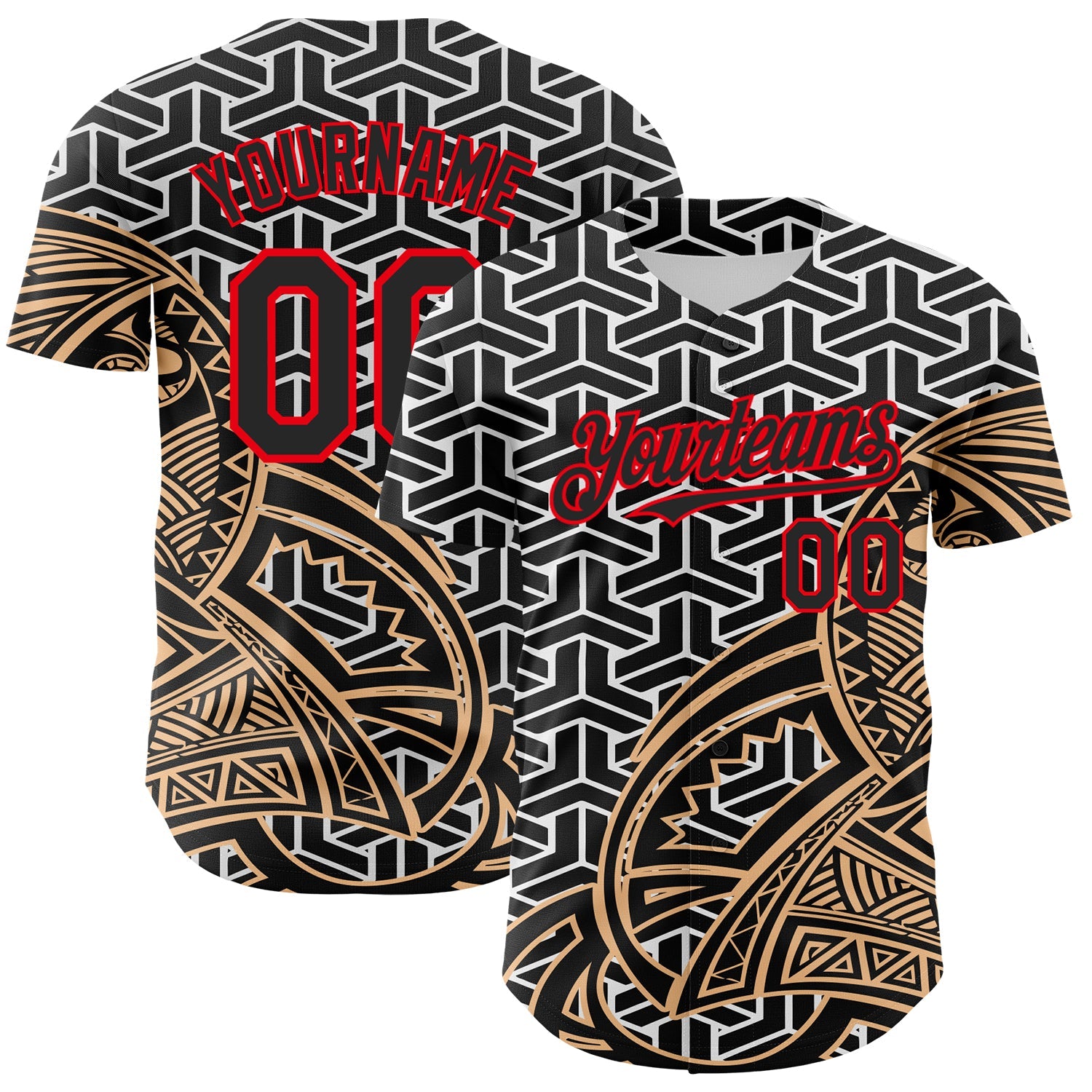 Custom White Black Old Gold-Fire Red 3D Polynesian Style Islander Authentic Baseball Jersey - Sky-Custom