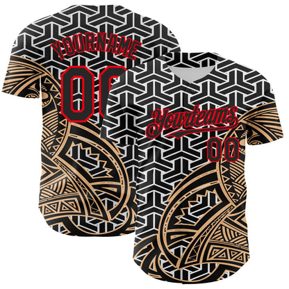 Custom White Black Old Gold-Fire Red 3D Polynesian Style Islander Authentic Baseball Jersey - Sky-Custom