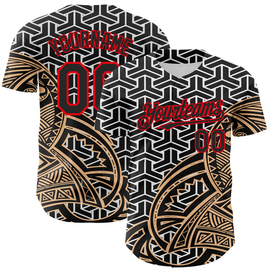 Custom White Black Old Gold-Fire Red 3D Polynesian Style Islander Authentic Baseball Jersey - Sky-Custom