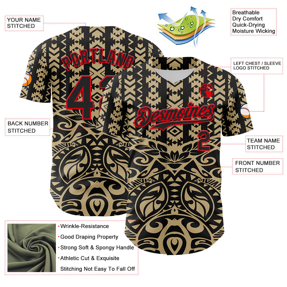 Custom Black Vegas Gold-Fire Red 3D Polynesian Style Islander Authentic Baseball Jersey - Sky-Custom