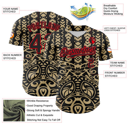 Custom Black Vegas Gold-Fire Red 3D Polynesian Style Islander Authentic Baseball Jersey - Sky-Custom