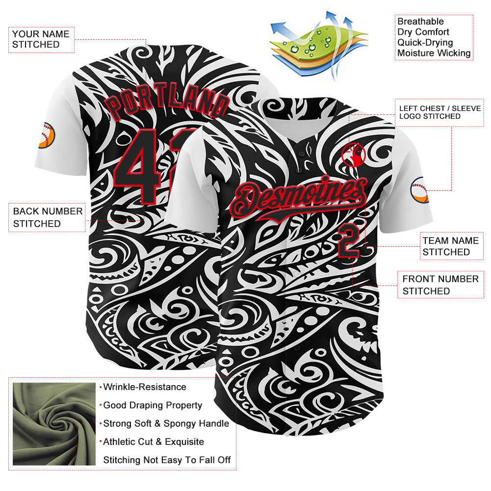 Custom Black White-Fire Red 3D Polynesian Style Islander Authentic Baseball Jersey - Sky-Custom