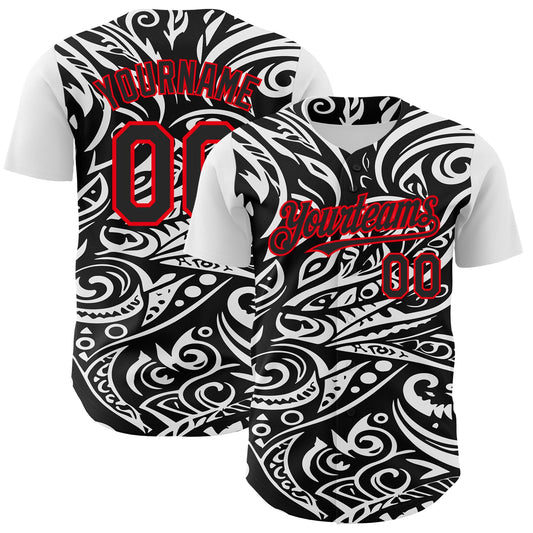 Custom Black White-Fire Red 3D Polynesian Style Islander Authentic Baseball Jersey - Sky-Custom