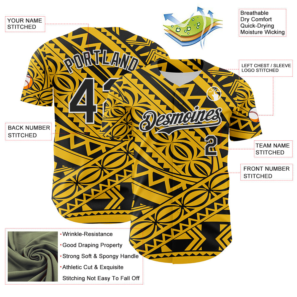 Custom Yellow Black-White 3D Polynesian Style Islander Authentic Baseball Jersey - Sky-Custom